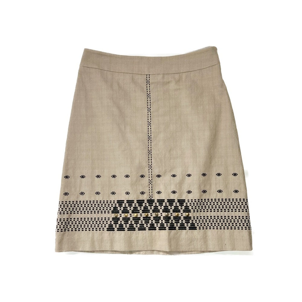DKNY Cotton Skirt Tan Sz 4 Black Embroidered Detail Lined Hidden Side Zipper